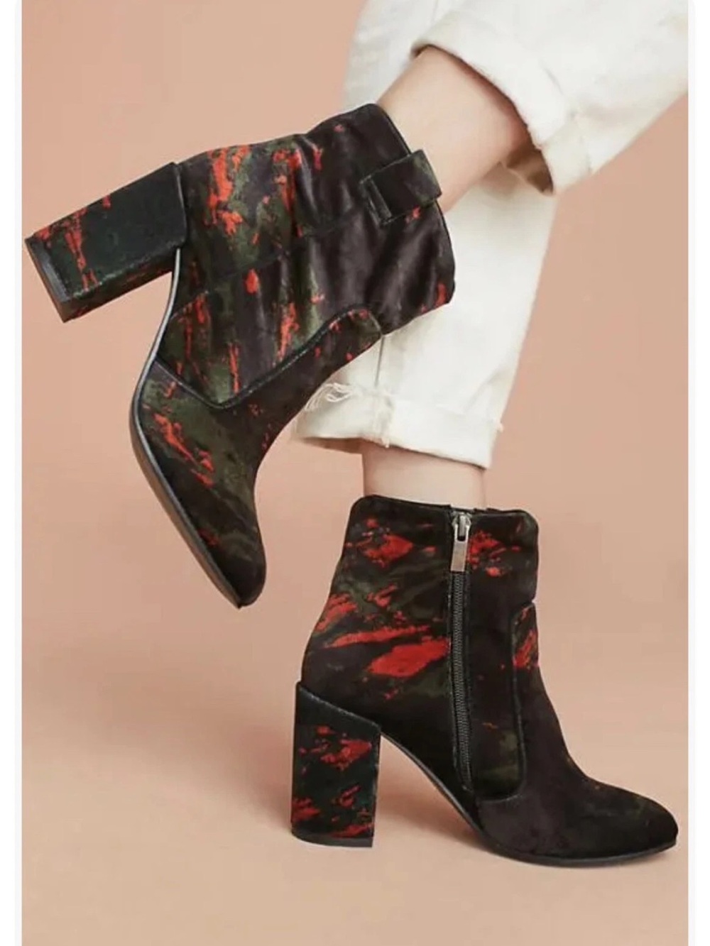 Bruno Premi for Anthropologie; printed velvet ankle booties.